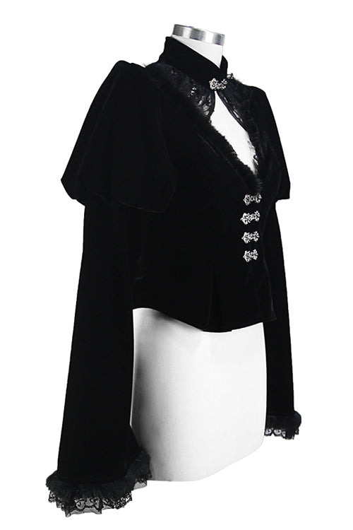 Small Stand Collar Flared Princess Sleeve Black Velveteen Short Womens Gothic Jacket