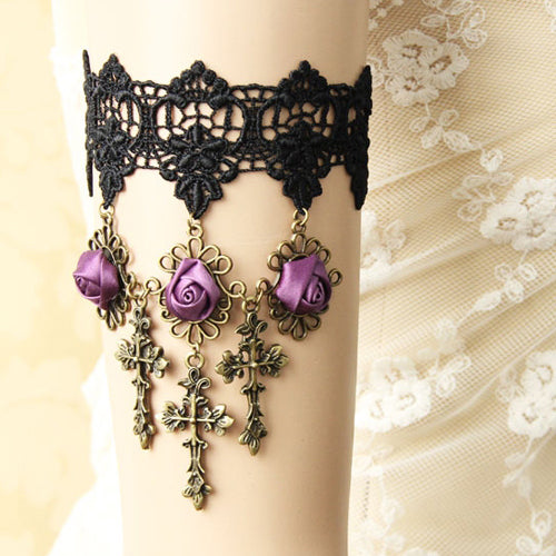 Black Lace Retro Wedding Cross Purple Rose Flower Female Gothic Lolita Armband Bracelet