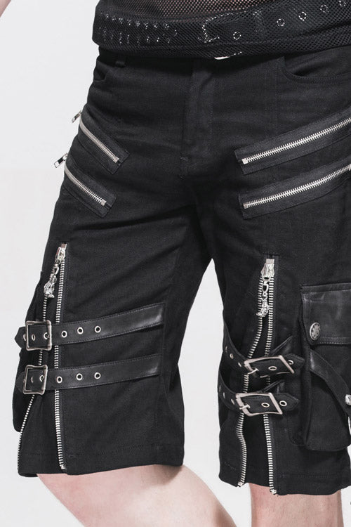 Black Punk Rock Adjustable Zippered Summer With Loops Shorts Mens Pants