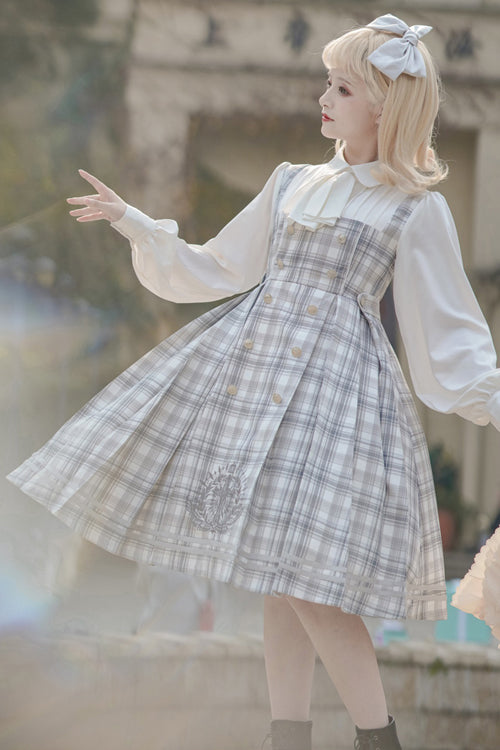 Detective Girl Lapel Collar Double Breasted Embroidery Fake Two Pieces Plaid Sweet Lolita OP Dress