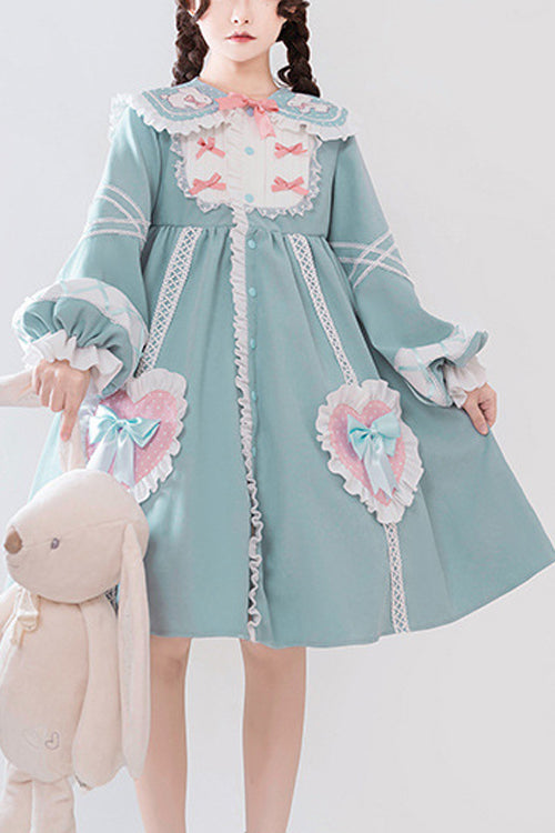 Blue Rabbit Lapel Collar Lantern Sleeves Love Embroidered Sweet Lolita OP Dress