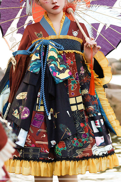 Multi-Color Retro Japanese Fox Trick Print High Waist Sweet Lolita OP Dress