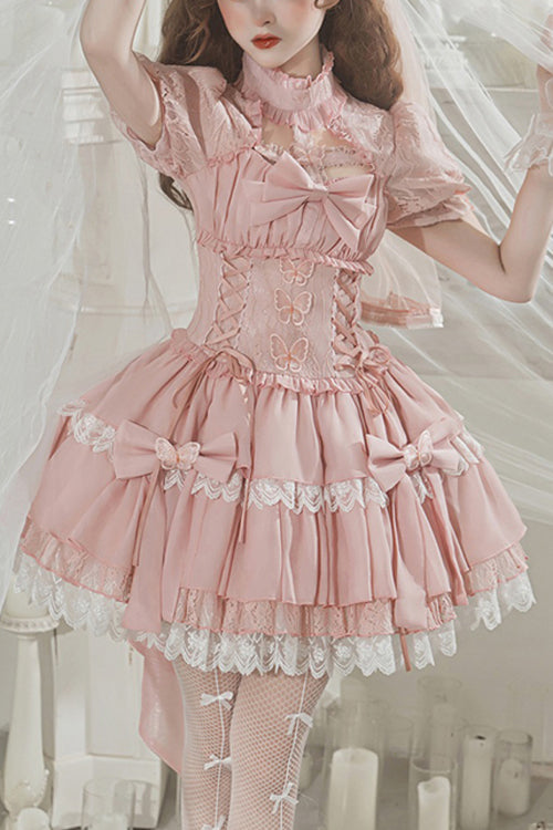 Pink Cross Round Collar Lace Short Sleeves Waist Ruffled Butterfly Sweet Lolita Dress