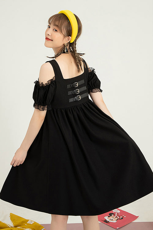 Black Puff Short Sleeve High Waisted Two Ways To Wear Before And After Sweet Lolita Dress