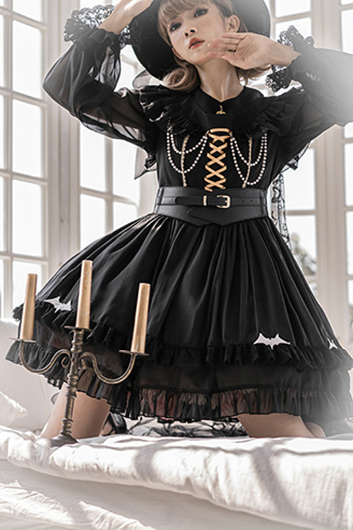 Black Round Collar Ruffled Lantern Sleeves High Waisted Trainee Witch Sweet Lolita Dress