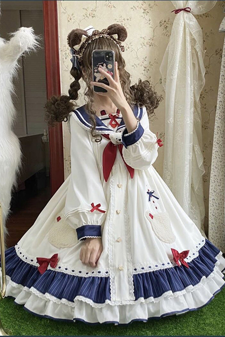 White College Style Navy Collar Chiffon Sea White Bear Print Bowknot Ruffled Sweet Lolita OP Dress