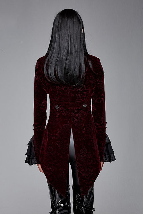 Red Jacquard Velvet Womens Swallow Tailed Gothic Coats