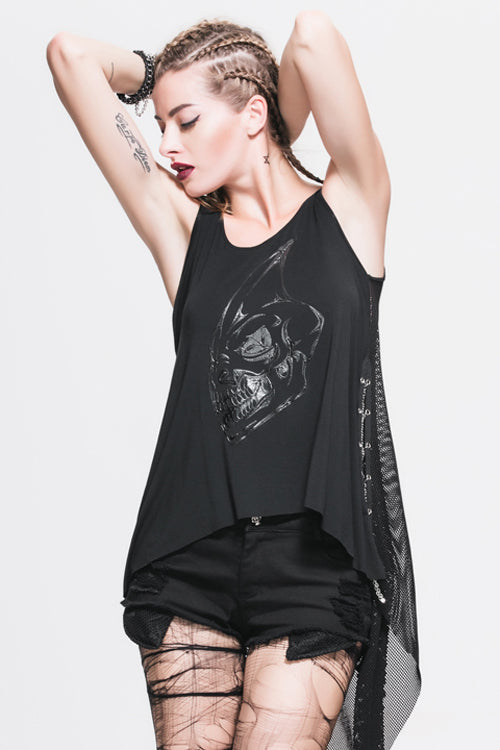 Black Sleeveless Dragon Print Dragon-Tail Transparent Lace Back Womens Punk T-shirt