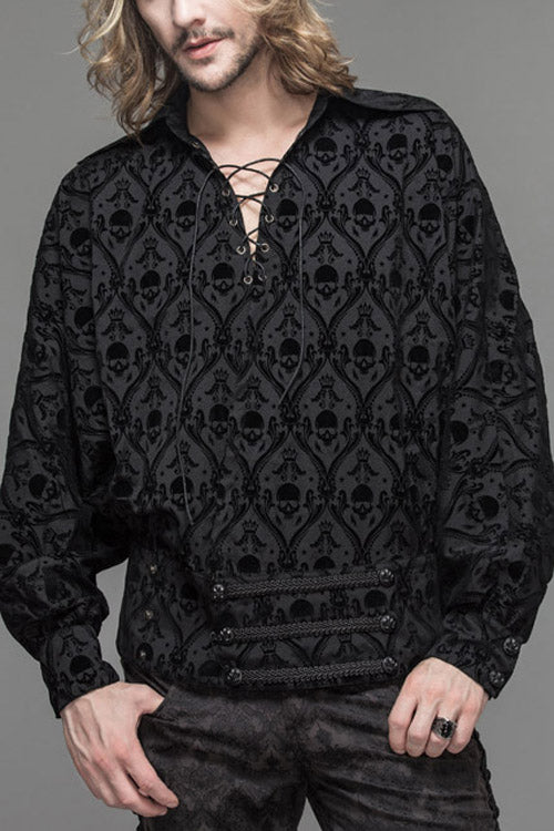 Black Lace Up Neckline Skull Printed Mens Gothic Blouse