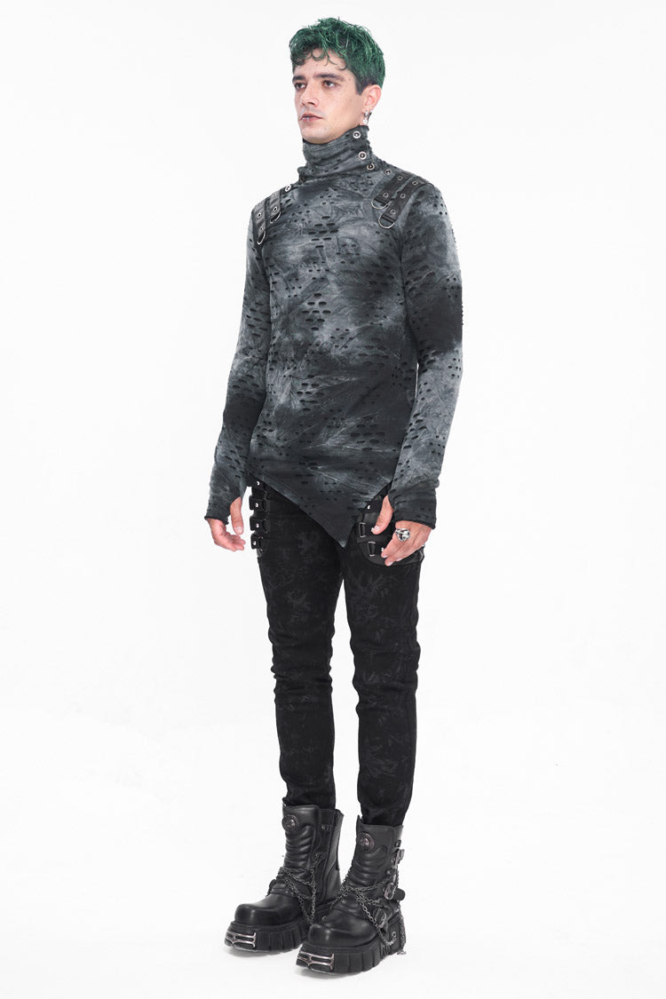 Grey/Black Lrregular Ripped Stand Collar Men's Punk Shirt