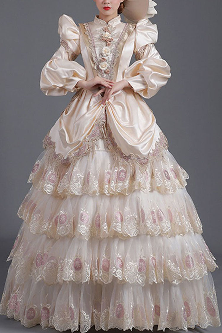 Champagne Lantern Sleeves High Waisted Three Dimensional Flower Print Victorian Lolita Prom Tiered Dress