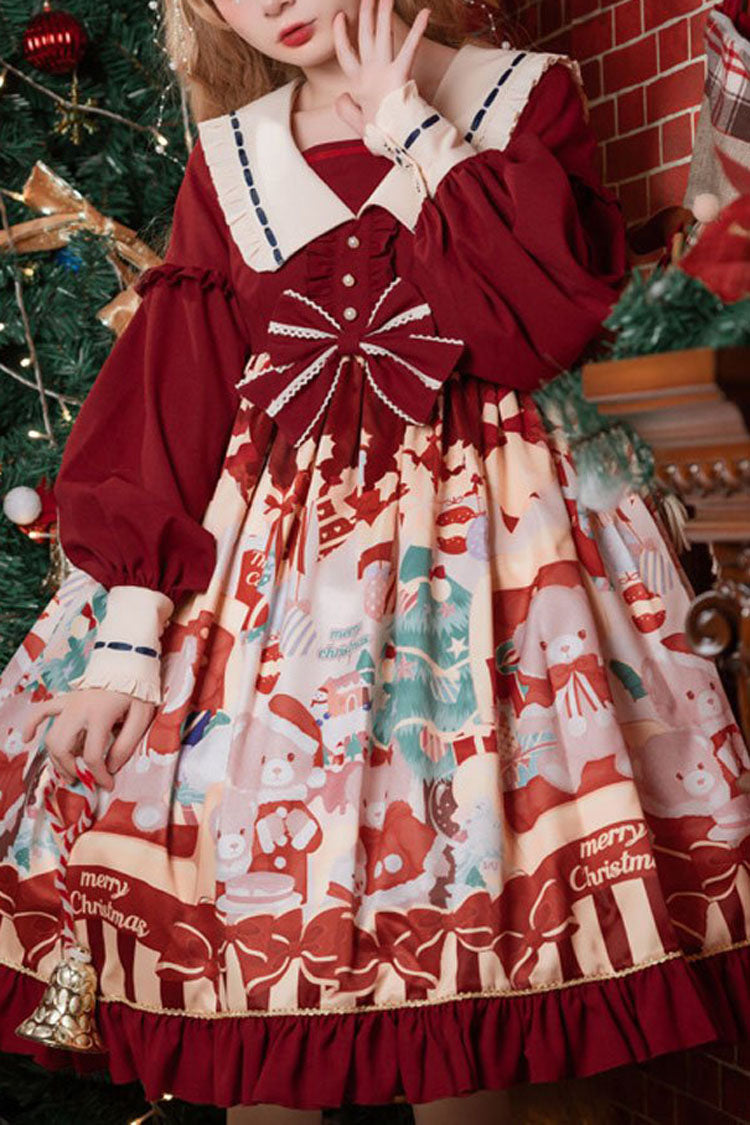 Wine Christmas Bear Print Long Sleeves High Waisted Bowknot Ruffled Sweet Lolita Op Dress