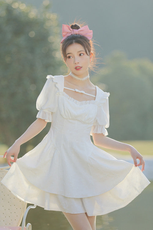 White Ruffled Square Collar Bubble Short Sleeves Double Layer Embossed Fabric Sweet Lolita Dress