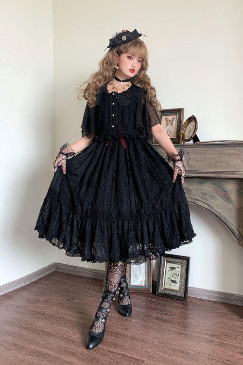 Black Solid Color Elegant Vintage Rose Multi-Layer Embroidery Ruffled Sweet Lolita JSK Dress