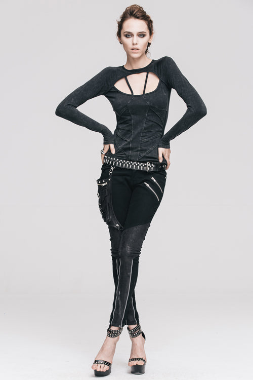 Black Hollow Out Long Sleeves Womens Punk Straps T-Shirt