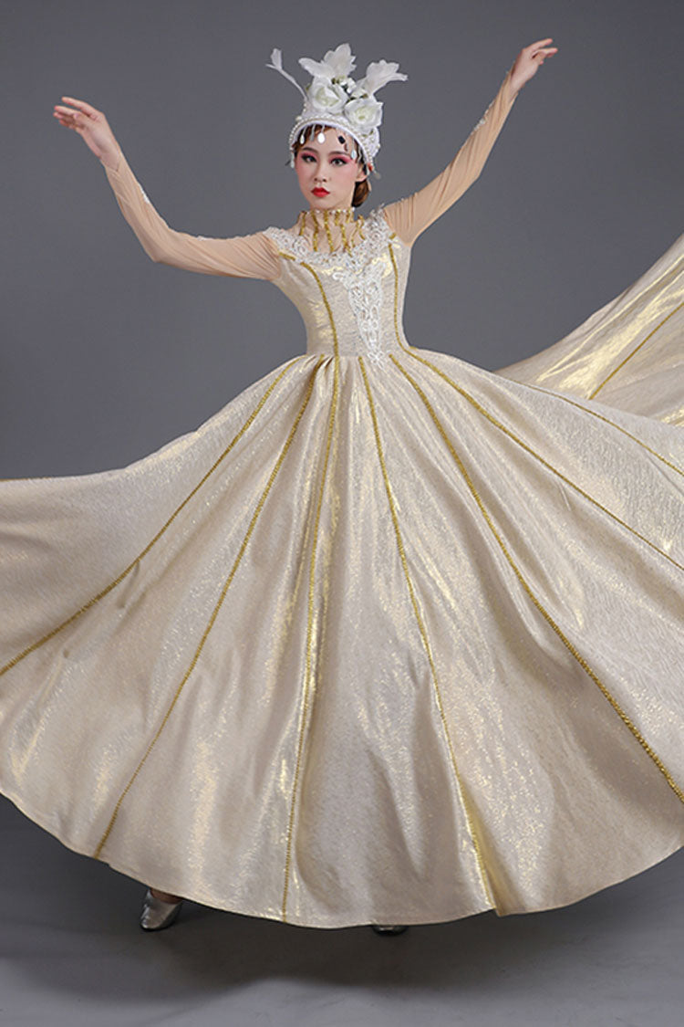 Light Golden Long Sleeves Hollow Embroidery Print High Waisted Victorian Lolita Prom Dress