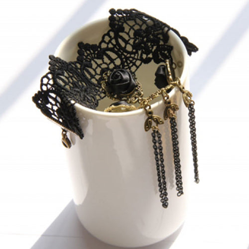 Black Retro Fashion Rose Flower Lace Tassel Female Gothic Lolita Ring Bracelet