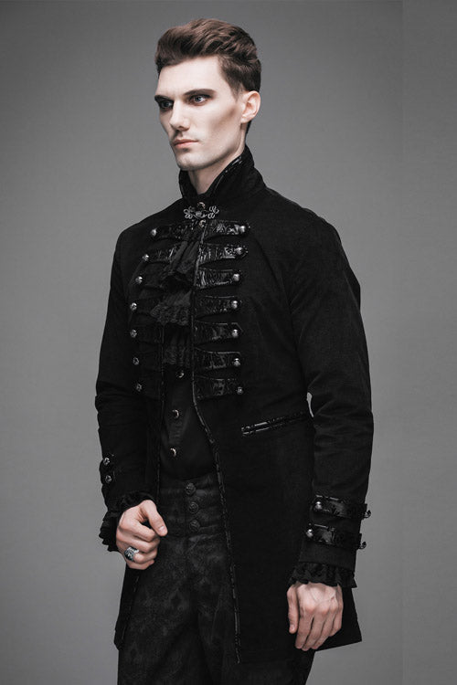 Black Fake Two Pieces Embroidered Turn Down Collar Long Sleeves Velvet Mens Gothic Coat