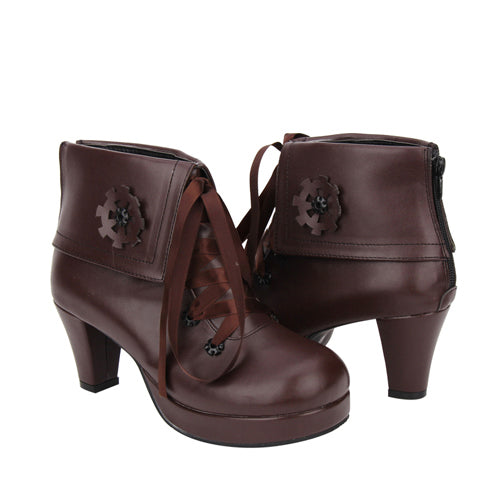 Brown Lace Up High Heel Classic Lolita Short Boots