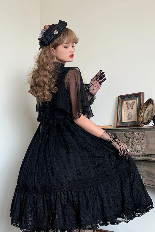 Black Solid Color Elegant Vintage Rose Multi-Layer Embroidery Ruffled Sweet Lolita JSK Dress