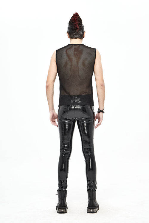 Black Punk Circuit Printed High Quality Stretchy Leather Tight Mens Pants