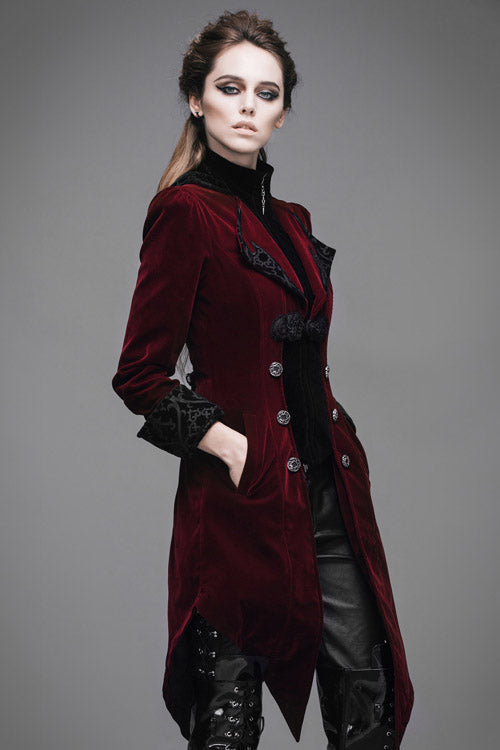 Red Embroidered High Collar Party Womens Gothic Coat