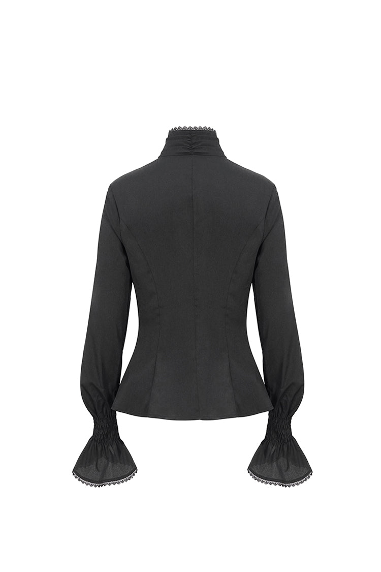 Schwarzes Gothic-Hemd mit Stehkragen und Rüschen und langen Ärmeln für Damen