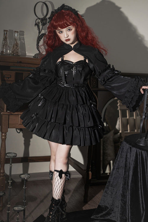 Dawn and Dusk Black Bowknot Ruffled Gothic Lolita JSK Tiered Dress