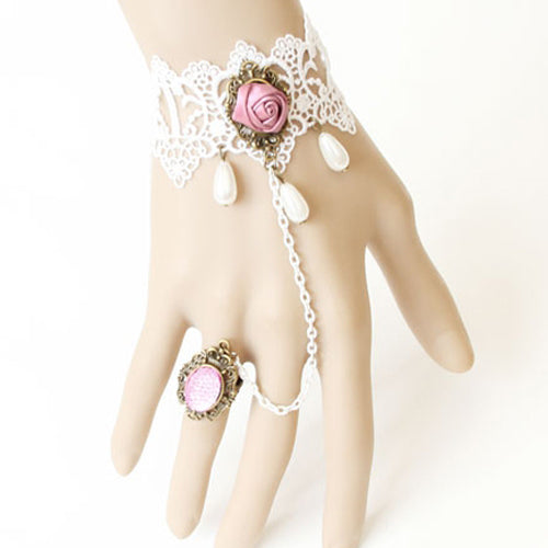 White Vintage Baroque Fashion Lace Pearl Pink Rose Crystal Female Bride Bridesmaid Lolita Ring Bracelet