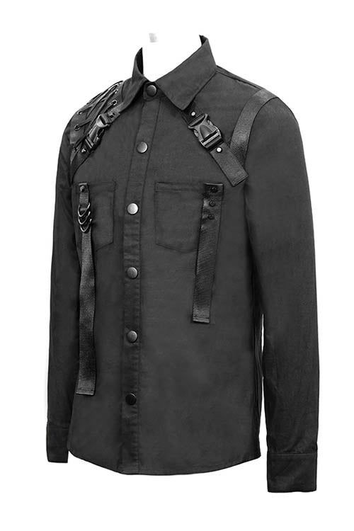 Black Straps Long Sleeves Mens Punk Blouse