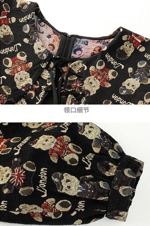 Black Doll Collar Bear Print Puff Sleeves Ruffled Sweet Lolita OP Dress