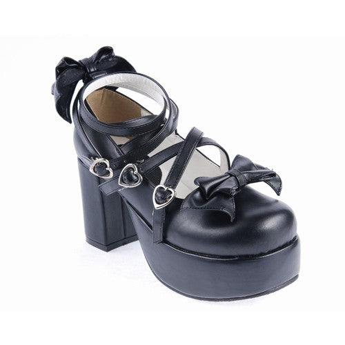 Black Synthetic Leather Cross Straps Bow Lolita Shoes