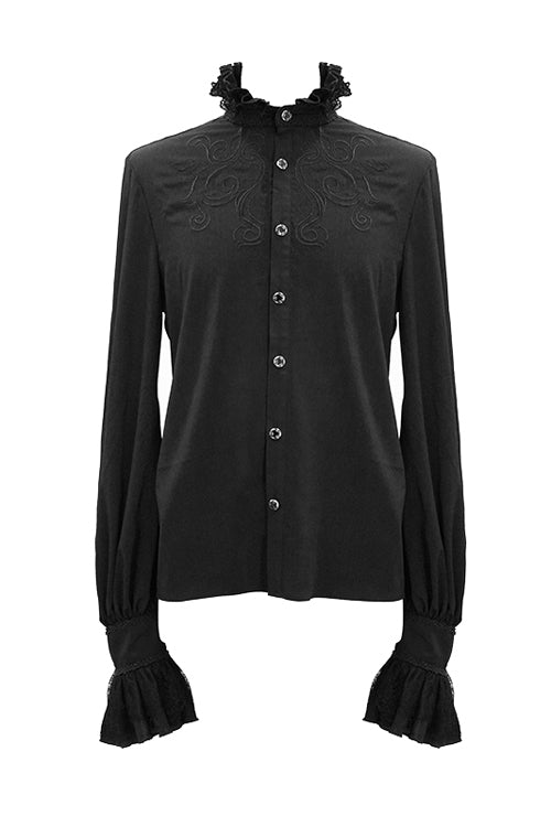Black Chiffon Embroidered Long Sleeves Mens Gothic Blouse