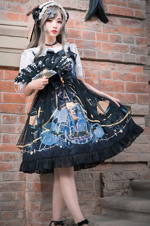 Dark Blue Vintage Mermaid Song Square Collar Bowknot Ruffled Sleeveless Gothic Lolita JSK Dress
