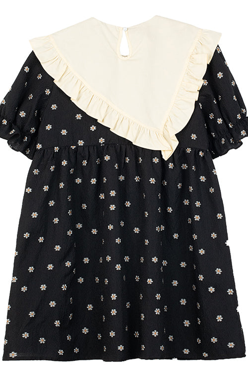 Black Ruffled Splicing Round Collar Bubble Short Sleeves Floral Print High Waisted Sweet Lolita Dress