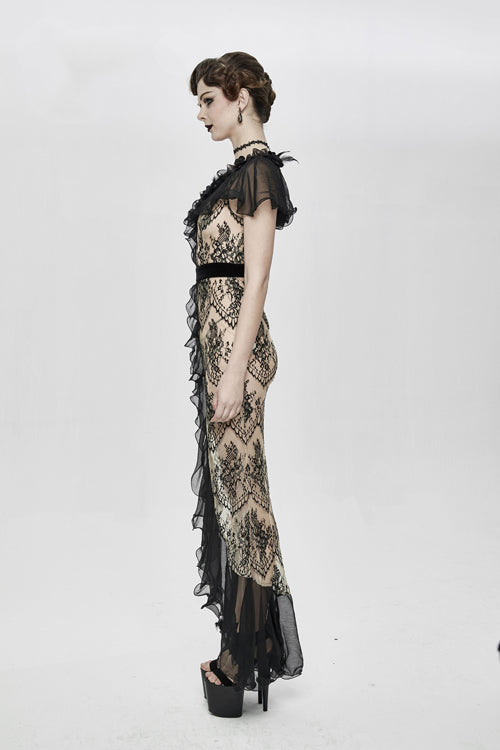 High End Long Transparent Lace Big Split Chiffon Sleeves Womens Gothic Dress