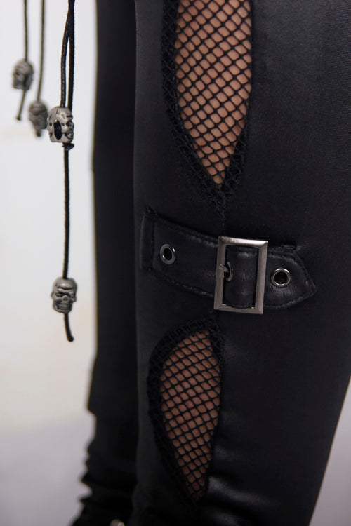 Black Punk Hollow Out Leather Loops Lace Up Leggings Womens Pants