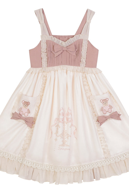 Beige Ruffled Bow Cute Bear Print High Waisted Sweet Lolita JSK Dress