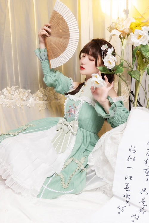 Green Off The Shoulder Long Sleeves Cardigan Hand Embroidered Sweet Lolita OP Dress