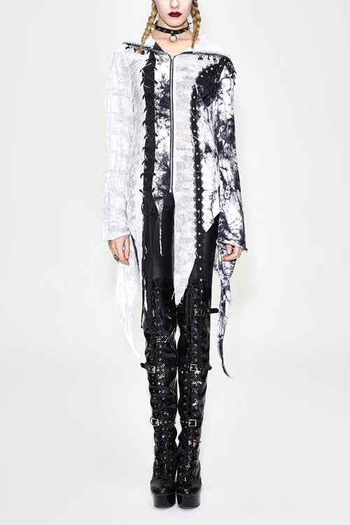 Black And White Tie Dyed Jersey Hooded Punk Asymmetrical Womens Coat