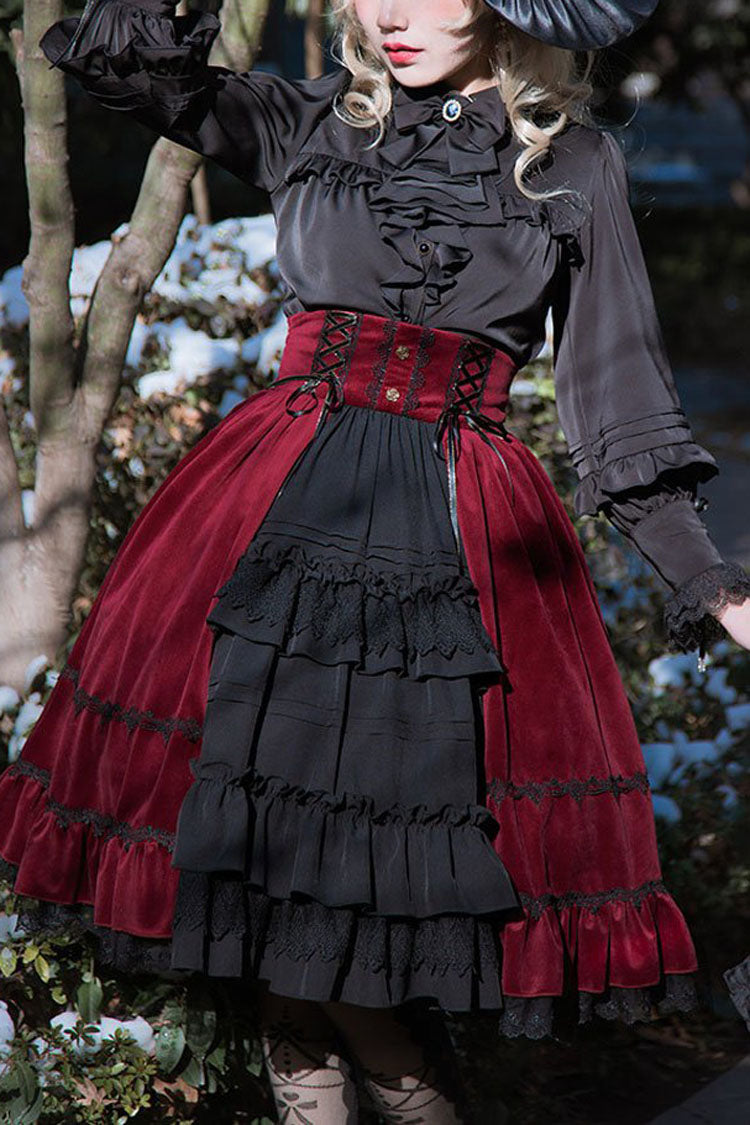 Black/Red Stitching Cardigan Ruffled Multi-Layer Gothic Lolita Skirt Dress