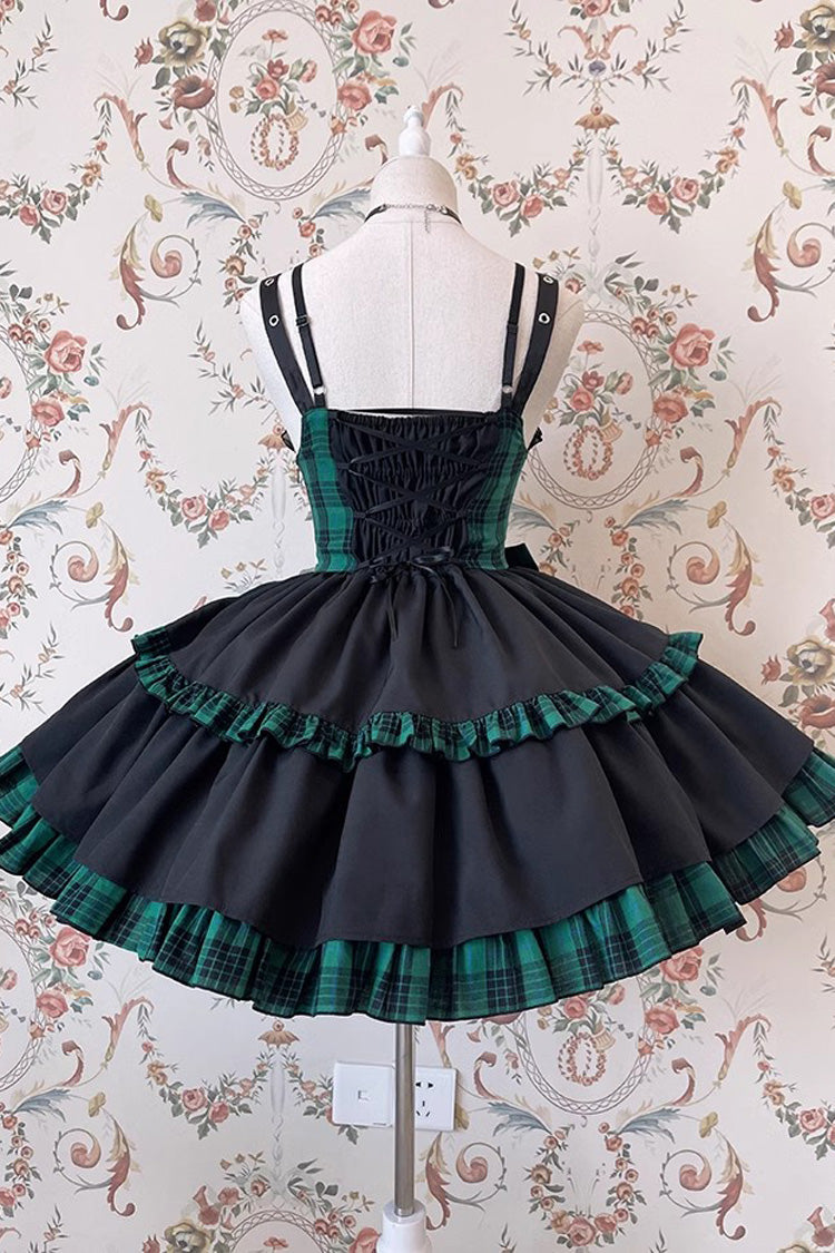 Schwarz/Grünes ärmelloses mehrlagiges Gothic Lolita Jsk Kleid mit Rüschen und Schleife