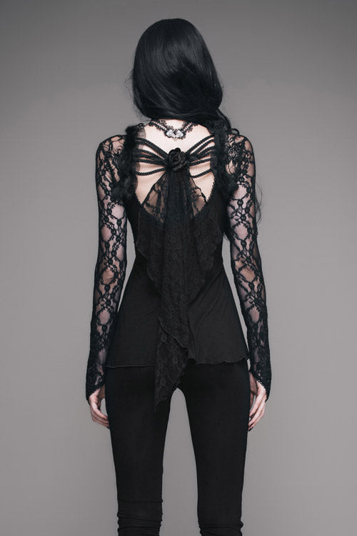 Black Sexy V Neck Mesh Long Sleeves Rose Lace Bottoming Women Gothic T-Shirt