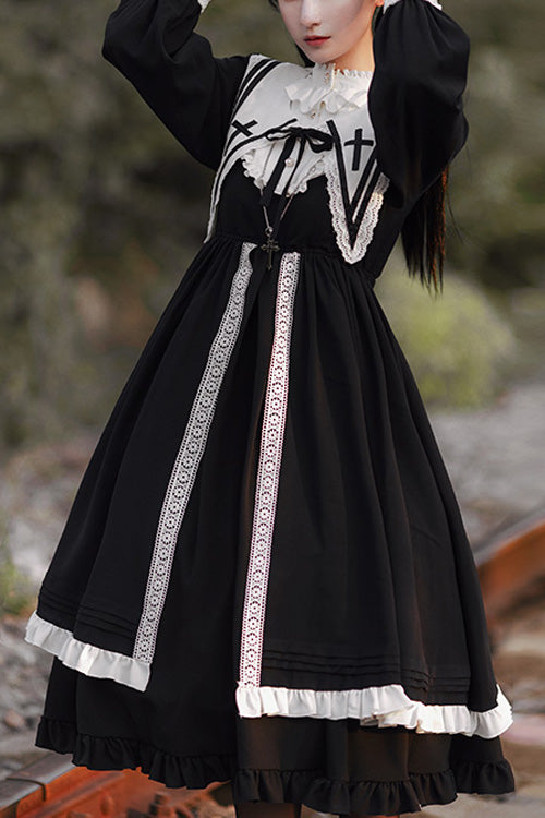 Black Bowknot Ruffled Nun Gothic Lolita Tiered Dress