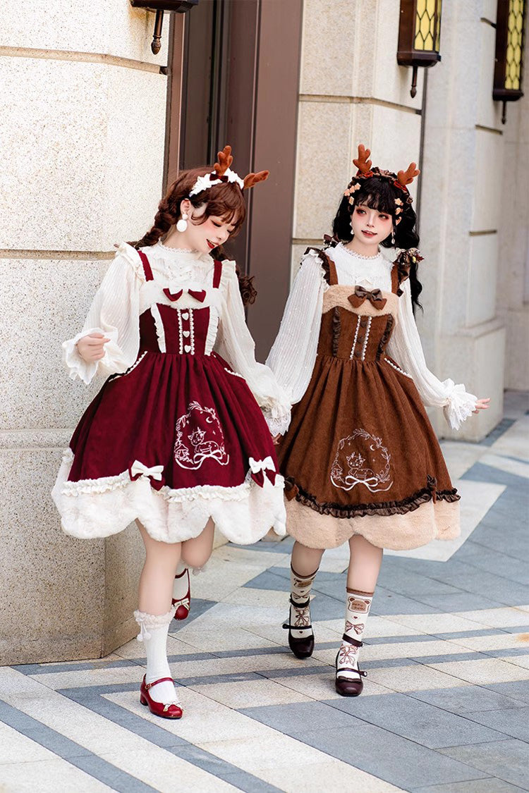 Deer Print Embroidery Bowknot Princess Autumn Winter Sweet Lolita JSK Dress 2 Colors