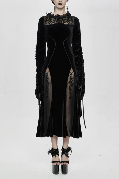 Black Flocking Pattern Trumpet Sleeve Sexy Womens Gothic Fitted Velvet Dress
