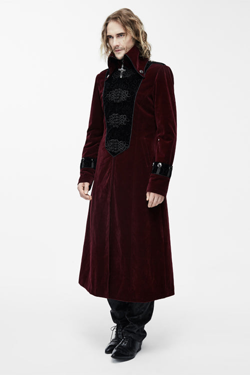 Gothic Wine Western Fashion Patchwork Plum Patterned Velveteen Mens Coat