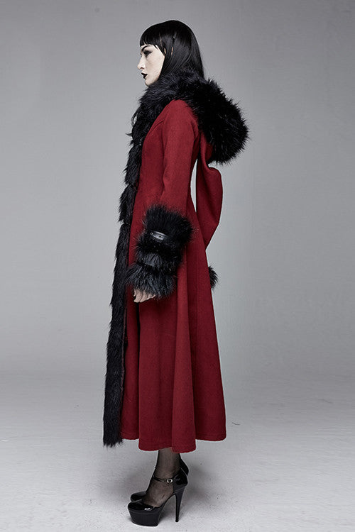 Red Gothic Party Woolen Hooded Sexy Women Long Coat