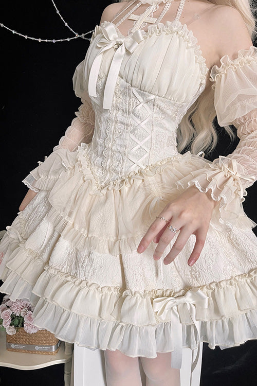 Ivory Tube Top Sleeveless Blowknot Ruffled Sweet Lolita Tiered Dress