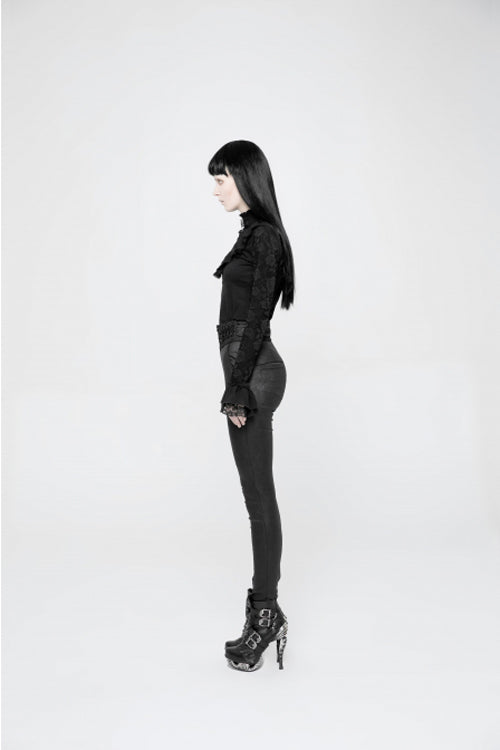 Black High Waist Flower Weaves The Ribbon Decoration Lace Up Gothic Jacquard Women's Pants